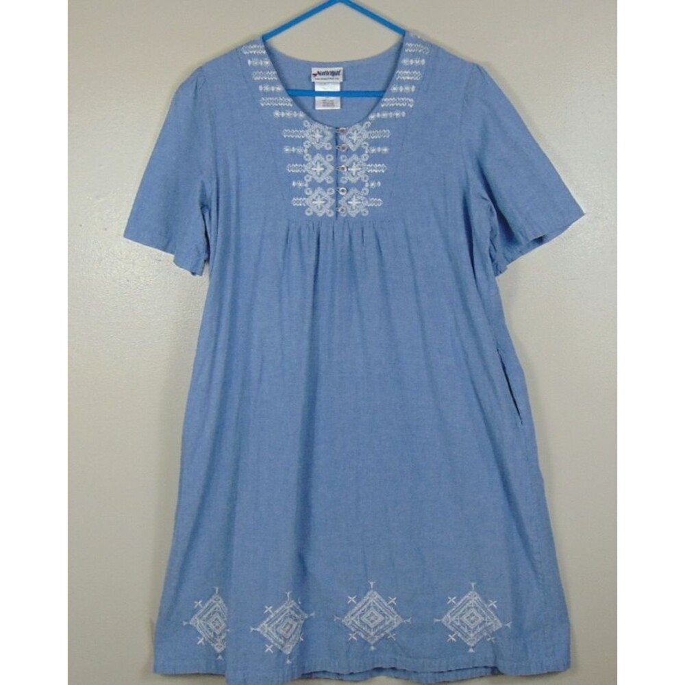 Vintage National Dress Womens Large Blue Embroidered Midi Pockets Chambray L